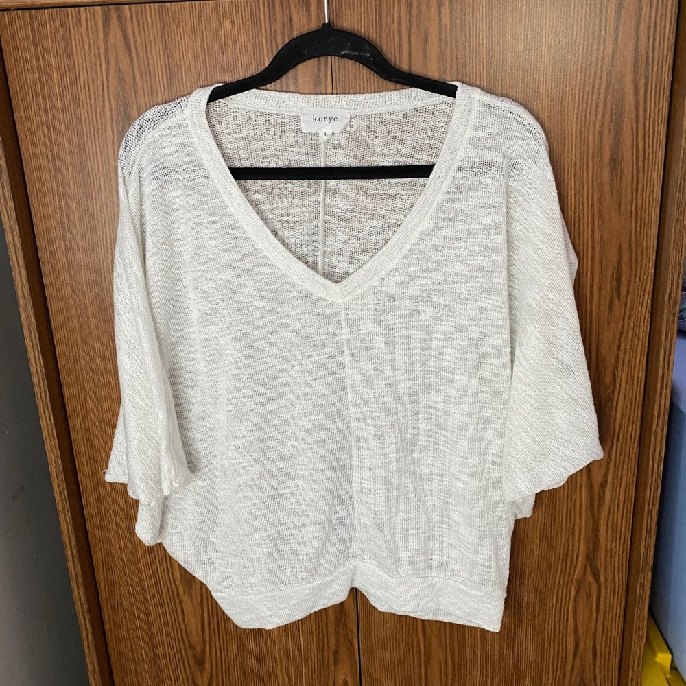 Korye V-Neck Knit Top Women Large White Dolman Sleeve Semi-Sheer Relaxed Fit